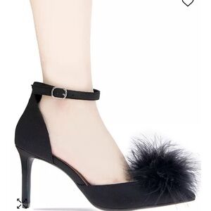 Black Abiny Faux Feather Ankle Strap Pumps